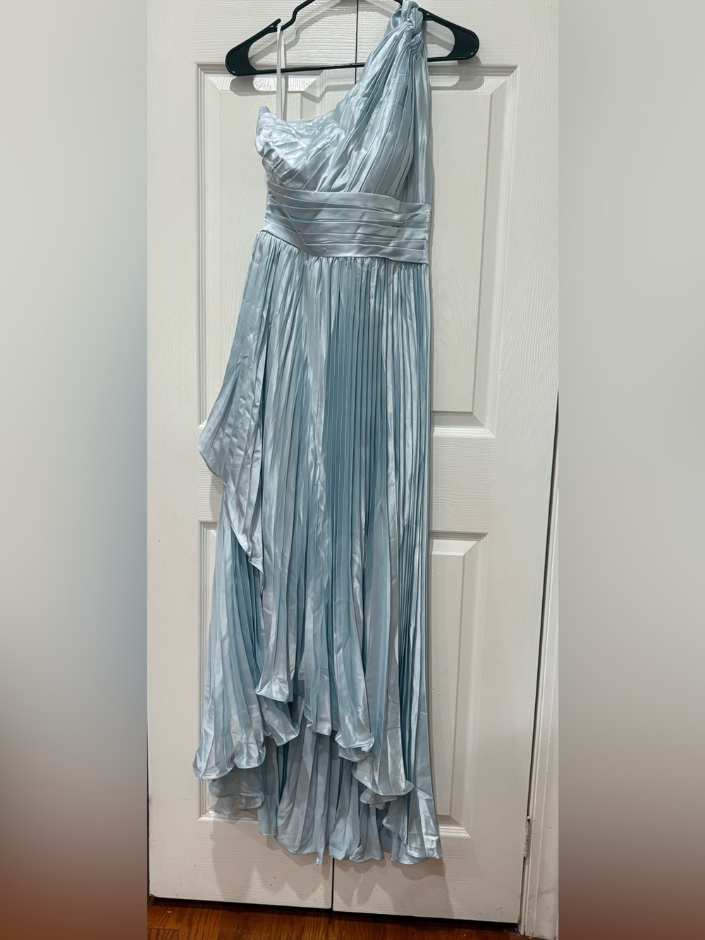 One-Shoulder Light Blue Pleated Formal Dress